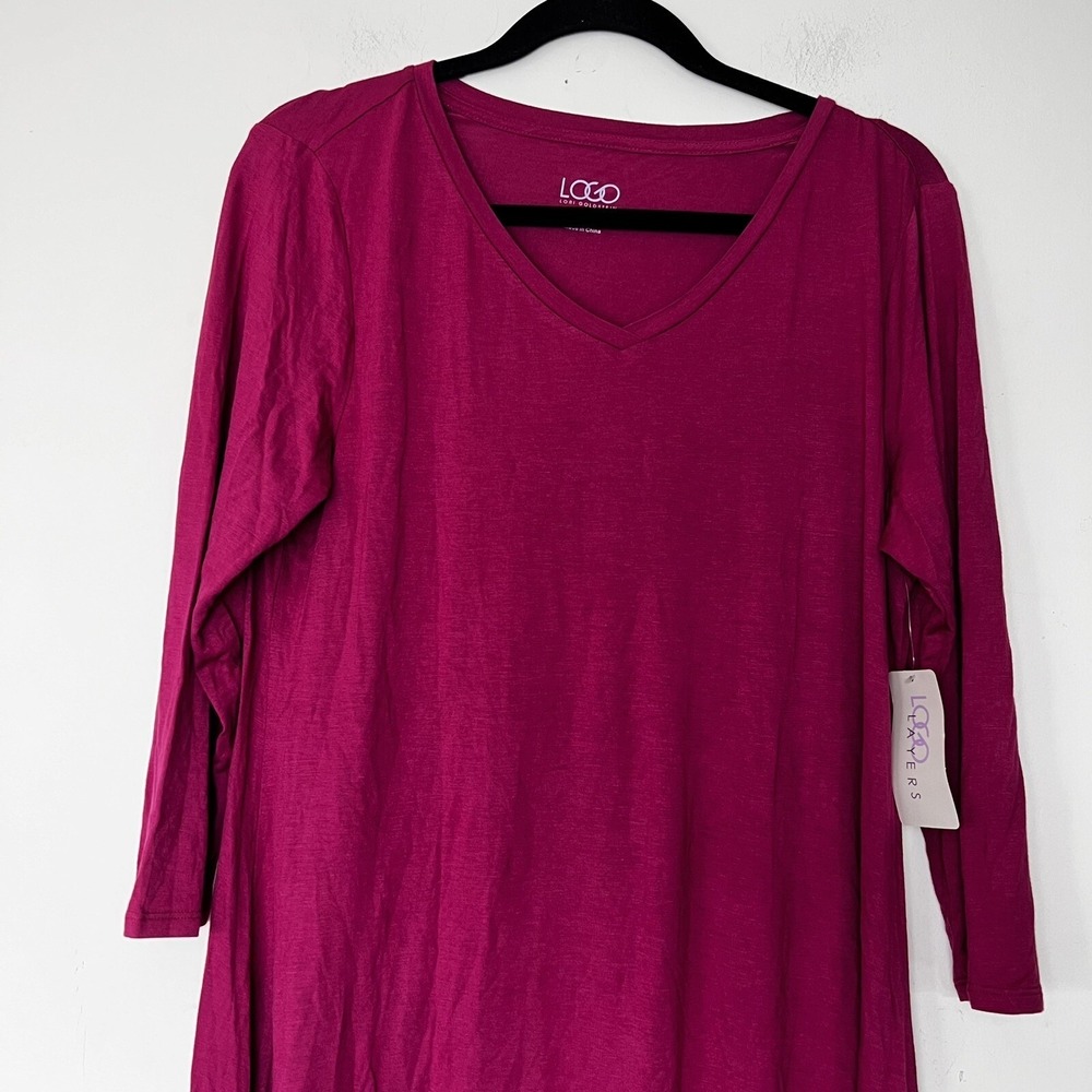 LOGO by Lori Goldstein V Neck Tunic Top Burgundy Asymmetrical Hem Size Medium - Picture 3 of 10